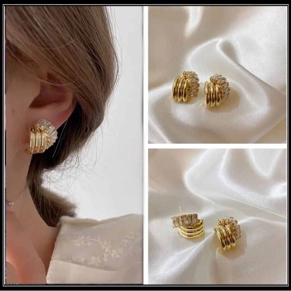 Clearance! NEW GOLD HALF CRESCENT SIMULATED DIAMOND BAGUETTE HUGGIE EARRINGS